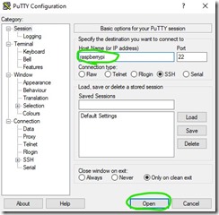 Open PuTTY and connect to Raspberry